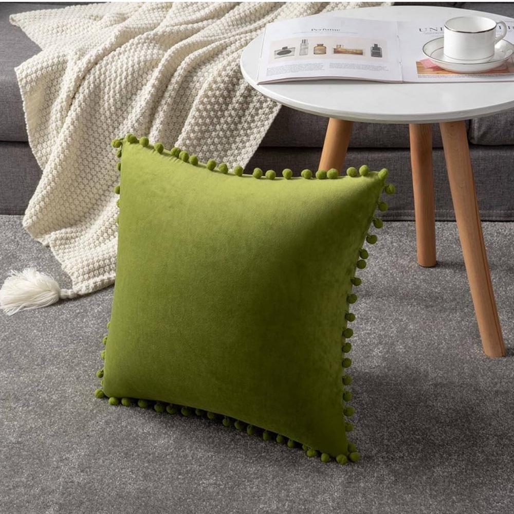 DEZENE Couch Pillow Cases 24x24 Chartreuse: 2 Pack  Soft Pom-Poms Velvet Square - Picture 2 of 9